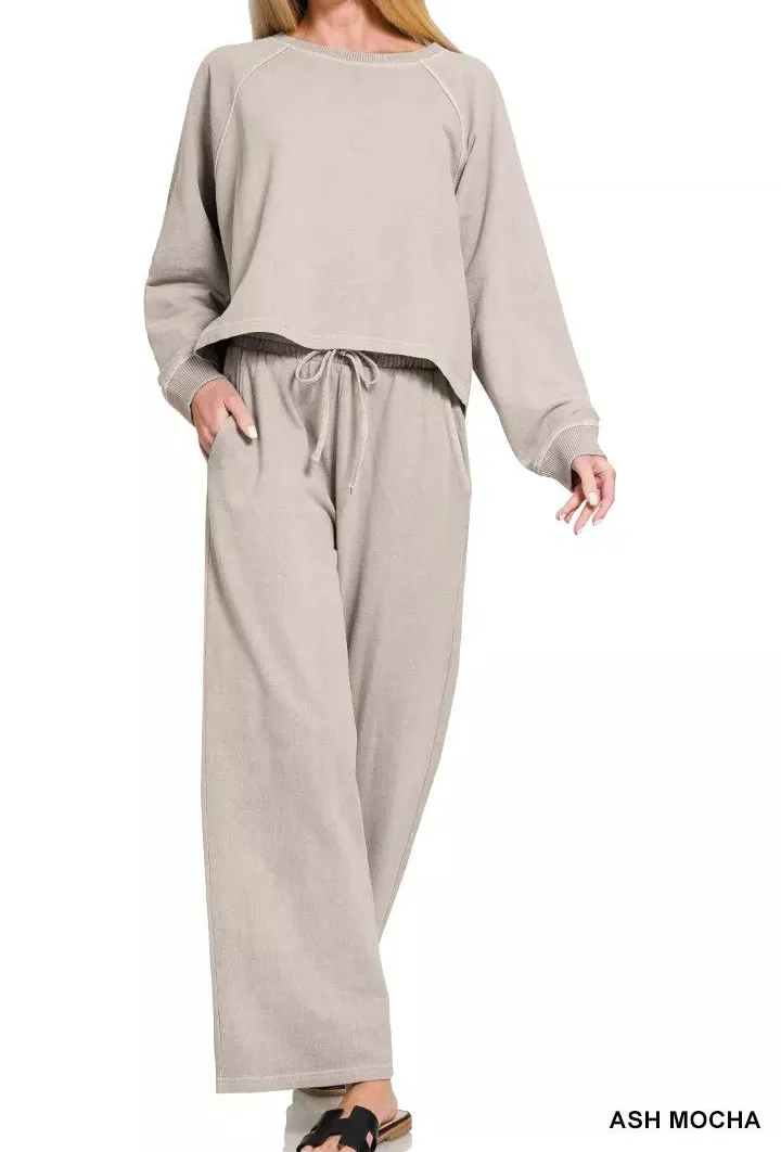 Casual Washed F Terry Round Neck Pullover & Pants Set