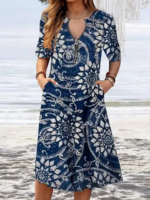 Round Neck Zip Casual Loose Floral Print Short Sleeve Midi Dress