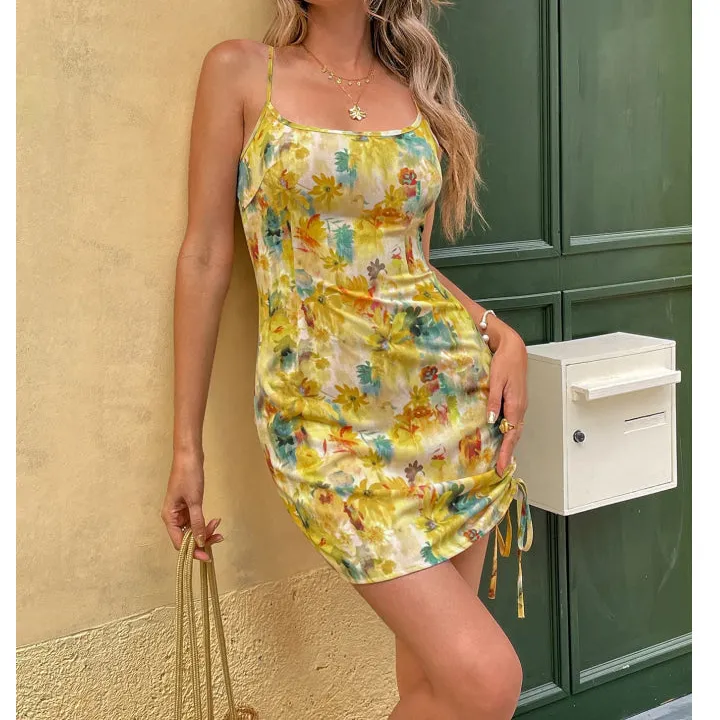 Drawstring Ruched Printed Cami Mini Dress