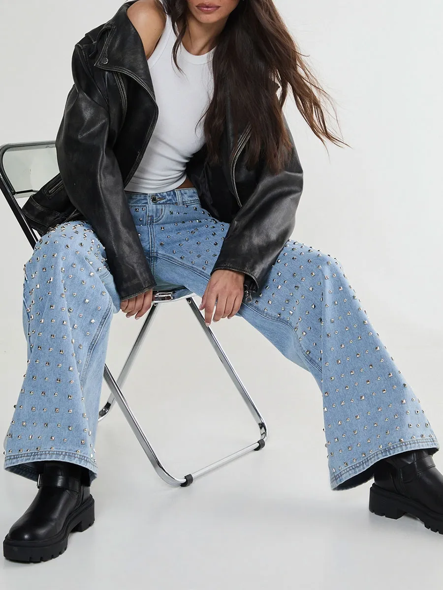 Women's Stylish Metal Stud Decoration Light Blue Wide-Leg Pants