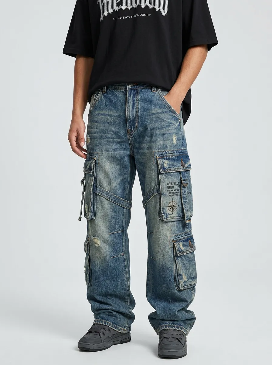 Men's Mid-Blue Compass Detail Relaxed Denim Cargo Pants