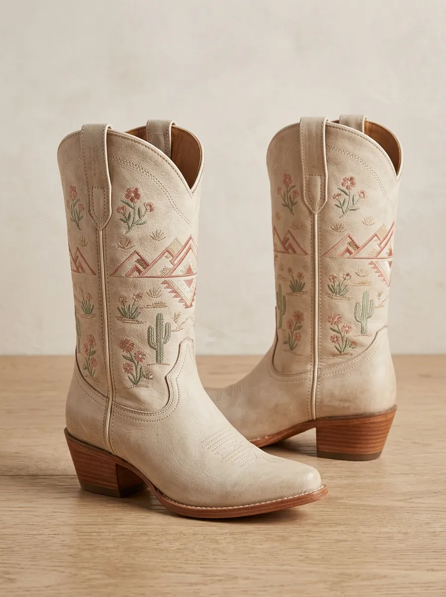 Women's Western Cowboy Desert Floral Mountain Embroidered Cowgirl Boots