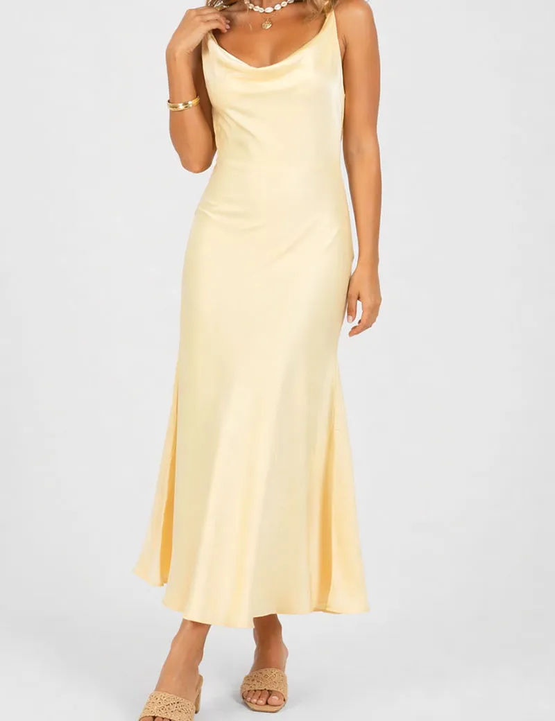 Chic Satin Cowl Neck Sleeveless Back Midi Dress