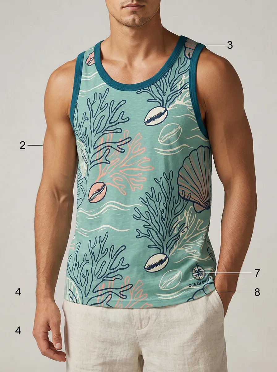 Men's Beach Lover Coral Seashell Ocean Drift Printed Tank Top