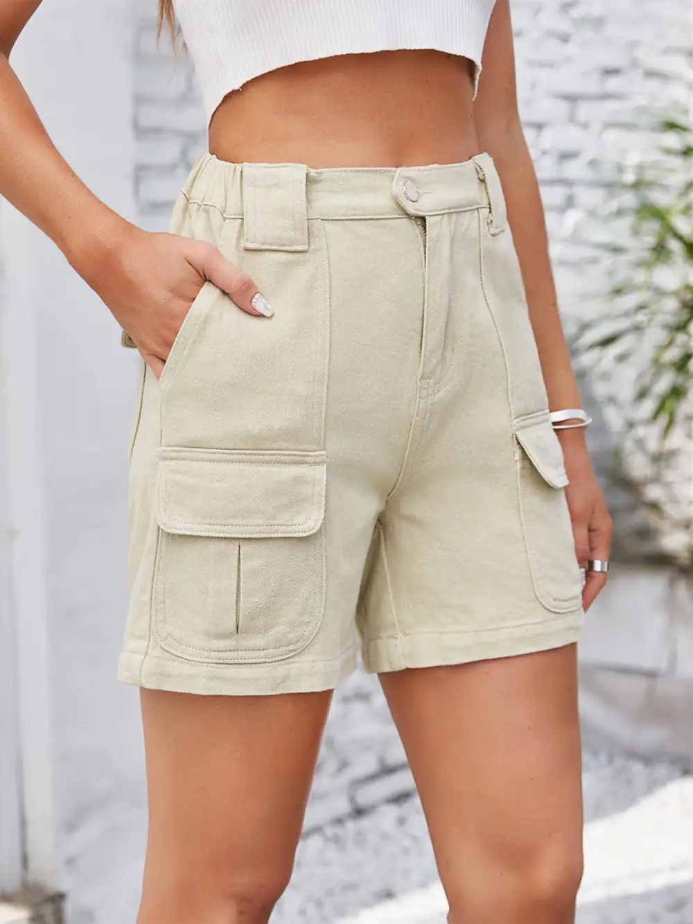 Khaki Waist Washed Denim Shorts