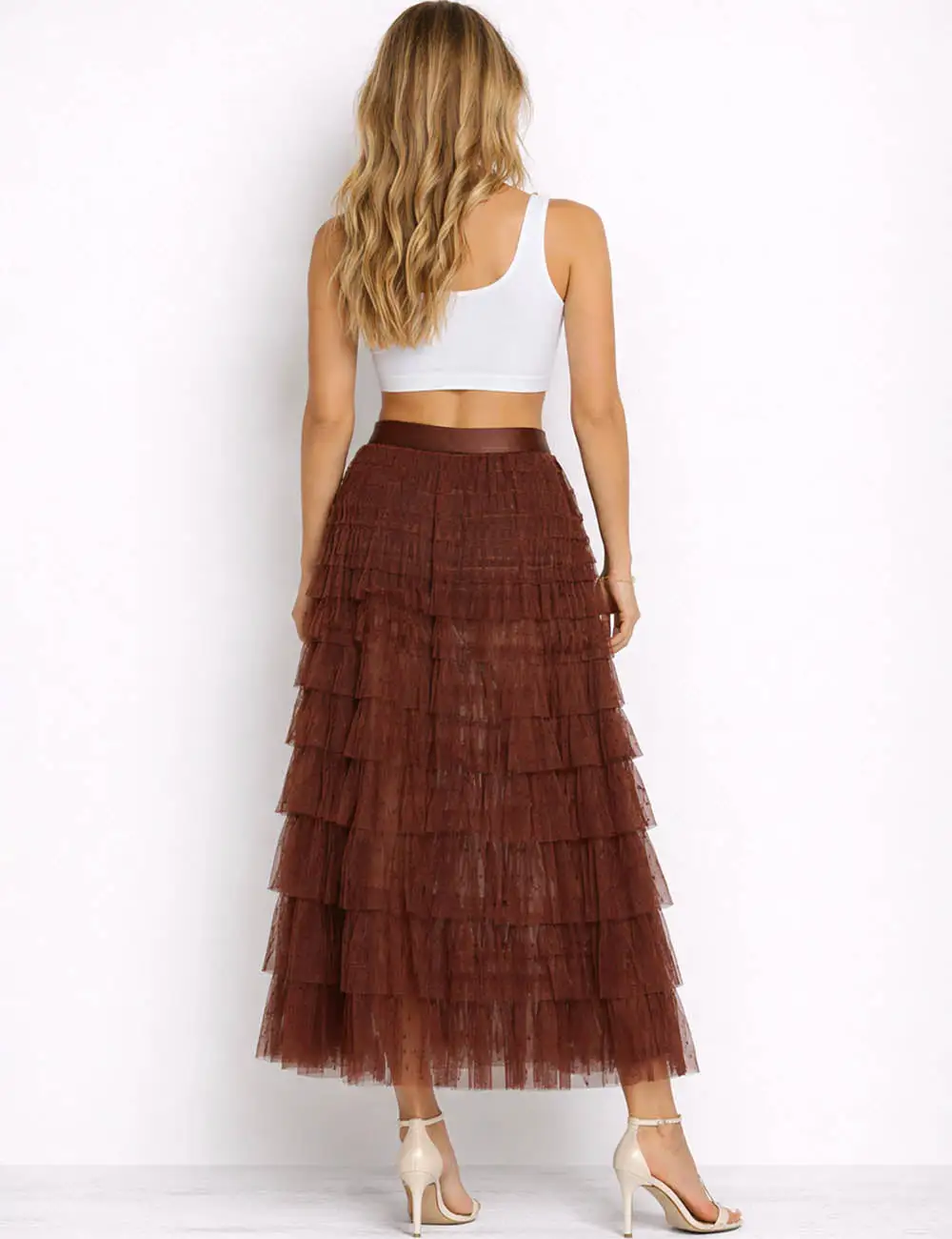 Chic Polka Dot Tiered Ruffle Elastic Waist Midi Skirt