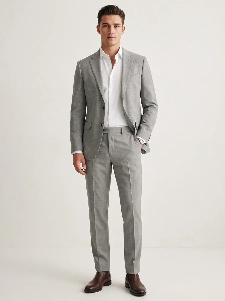 Men's Business Formal Light Grey Solid Tailored Suit Set