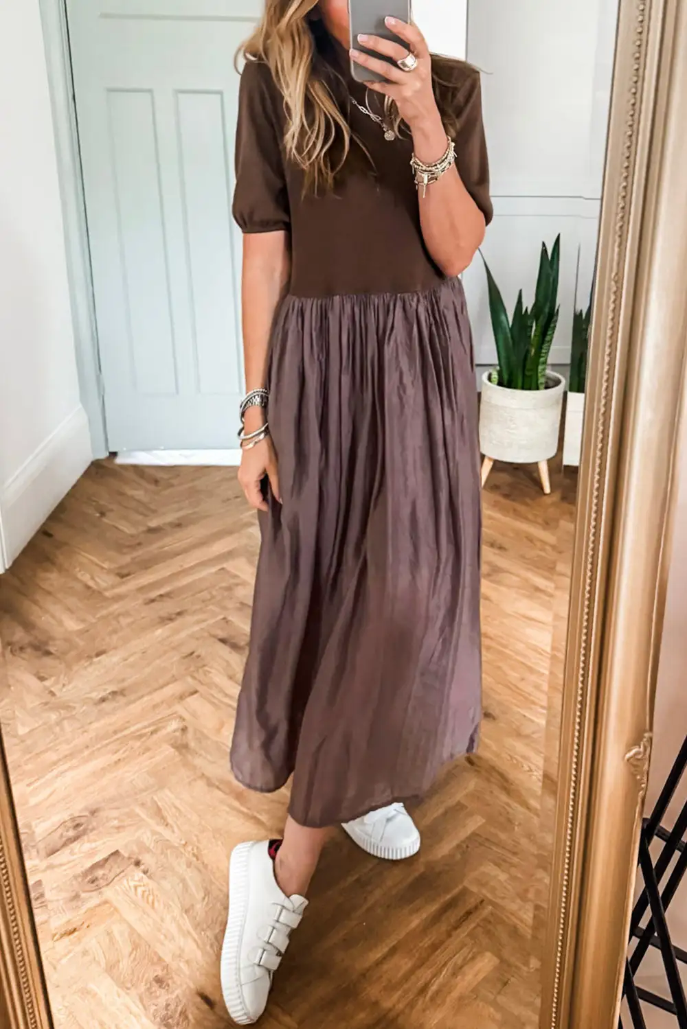 Patchwork Knit Pleated Sweater Dress