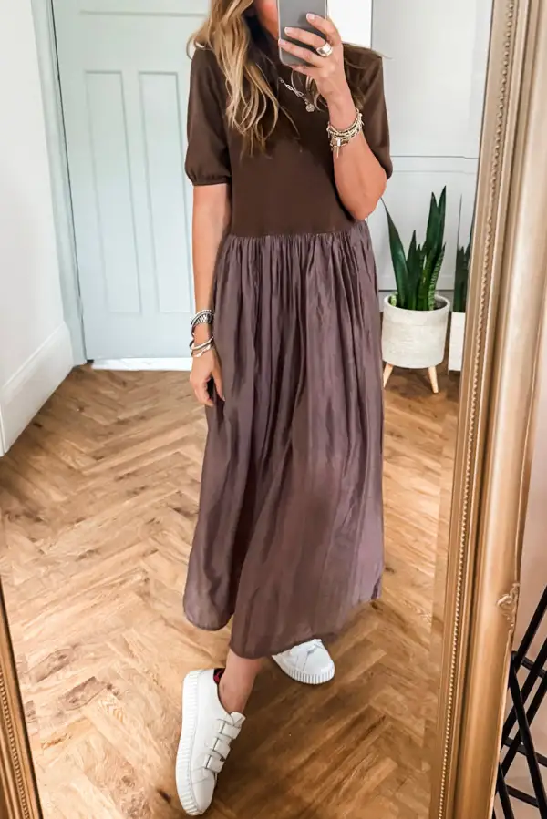 Patchwork Knit Pleated Sweater Dress