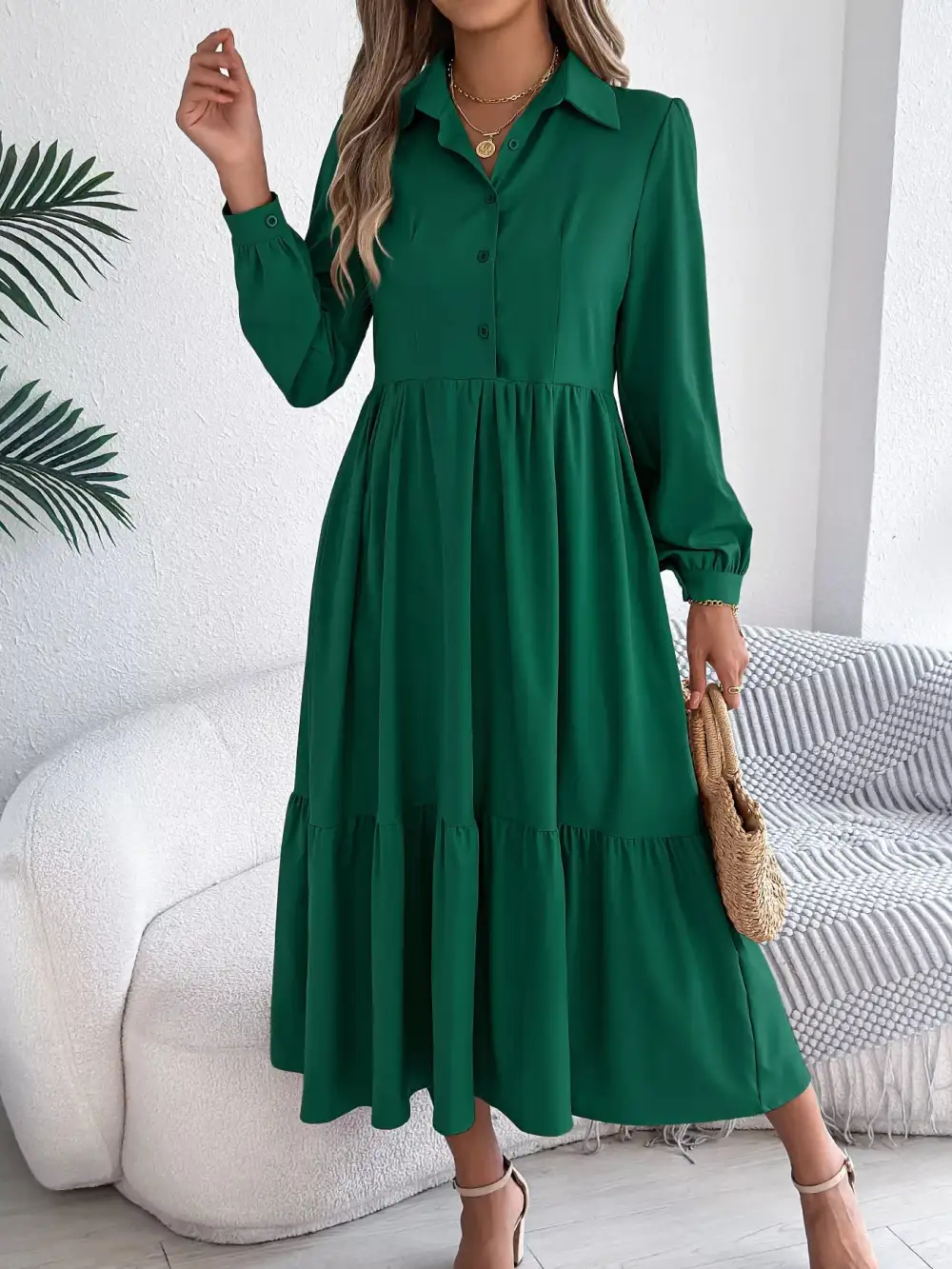 Button Front Tiered Long Sleeve Midi Dress