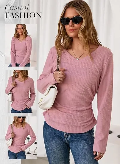 Womens Tops Casual V Neck Long Sleeve Shirts for Women Fashion Solid Ruched Basic Tunics Blouses