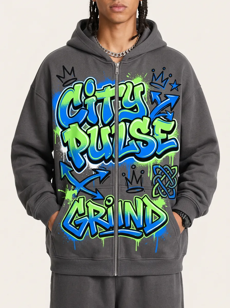 Men's City Pulse Grind Graffiti Art Printed Zip Up Hoodie