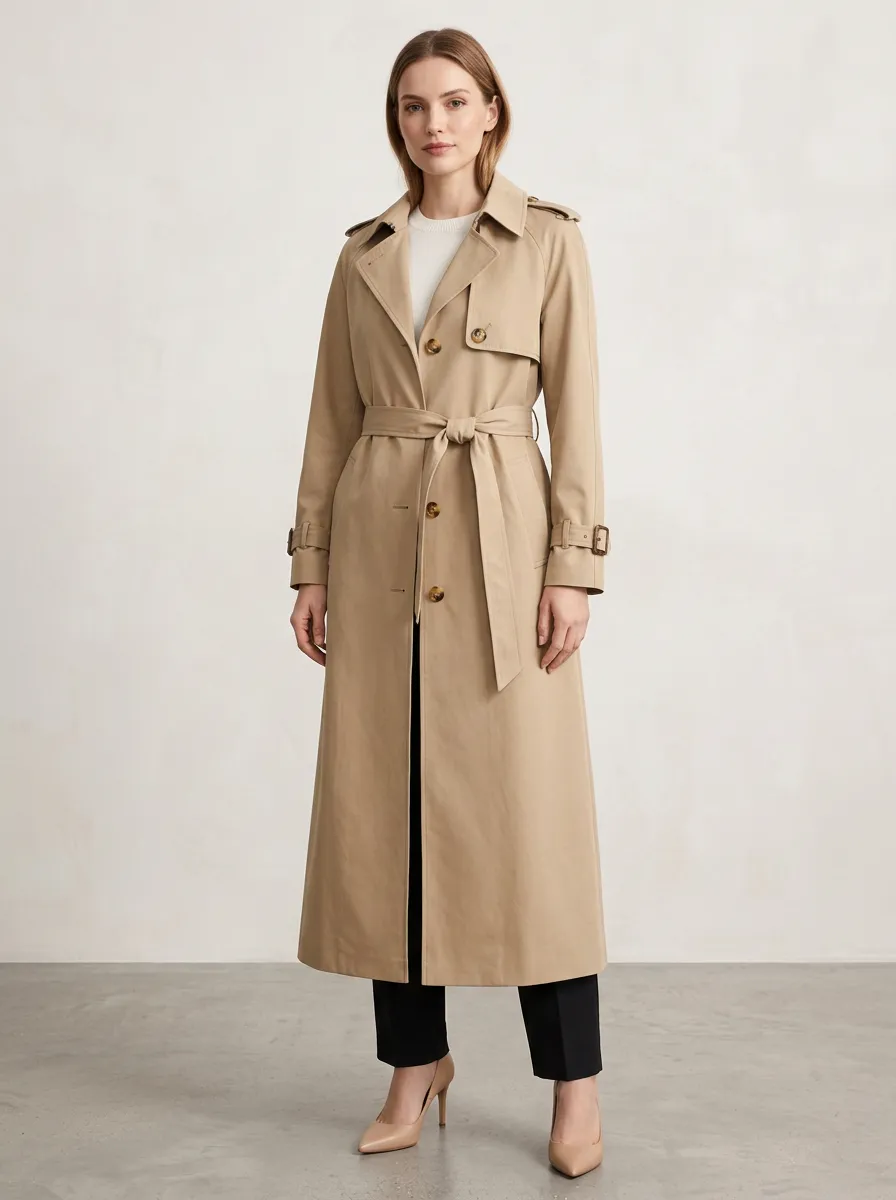 Women's Classic Winter Beige Tie-Waist Long Trench Coat