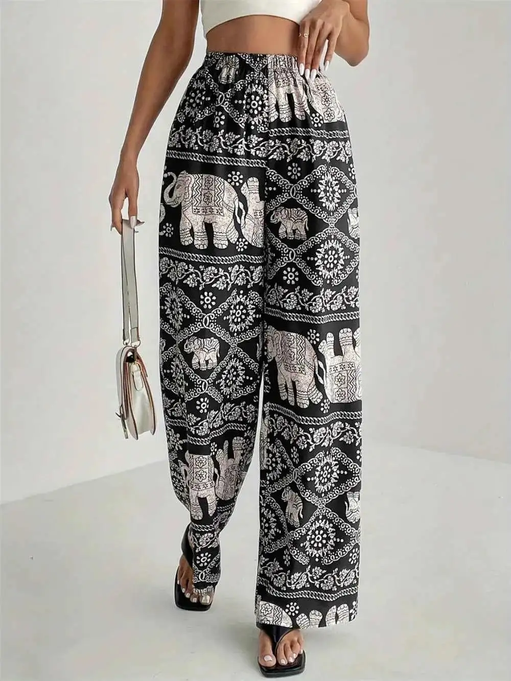 Boho Printed Wide Leg Elastic Waist Pants