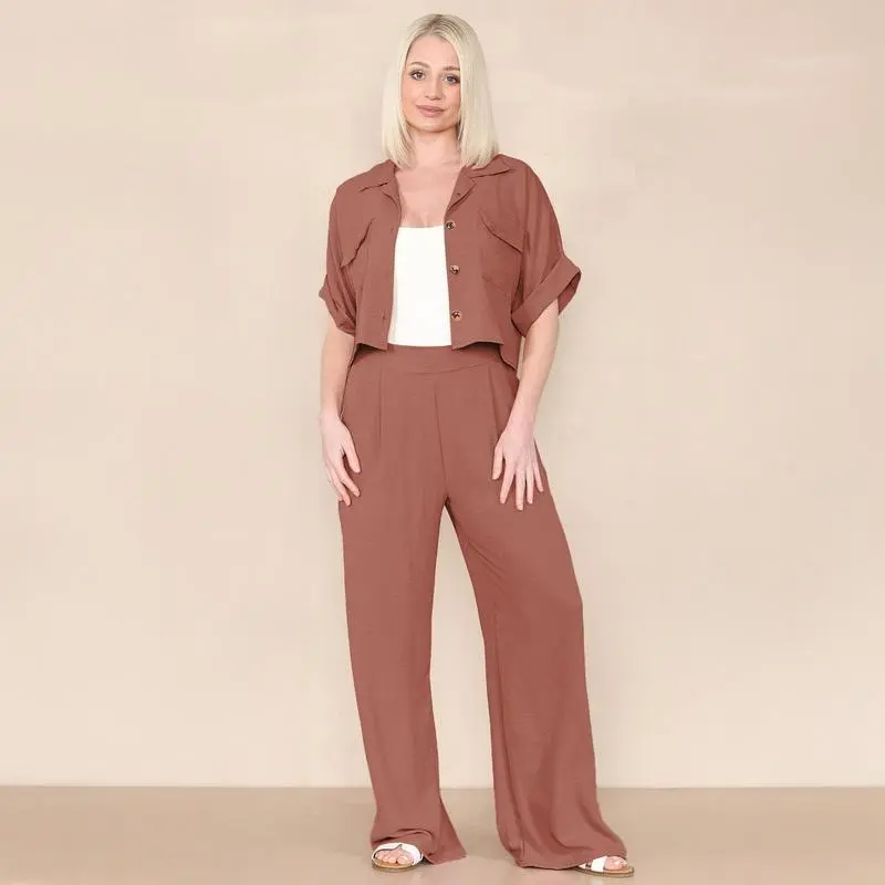 Women's Casual Button Front Flap Pocket Blouse & Wide Leg Trousers Co-ord, Crop Short Sleeve Shirt & High Waist Pants Two-Piece Set