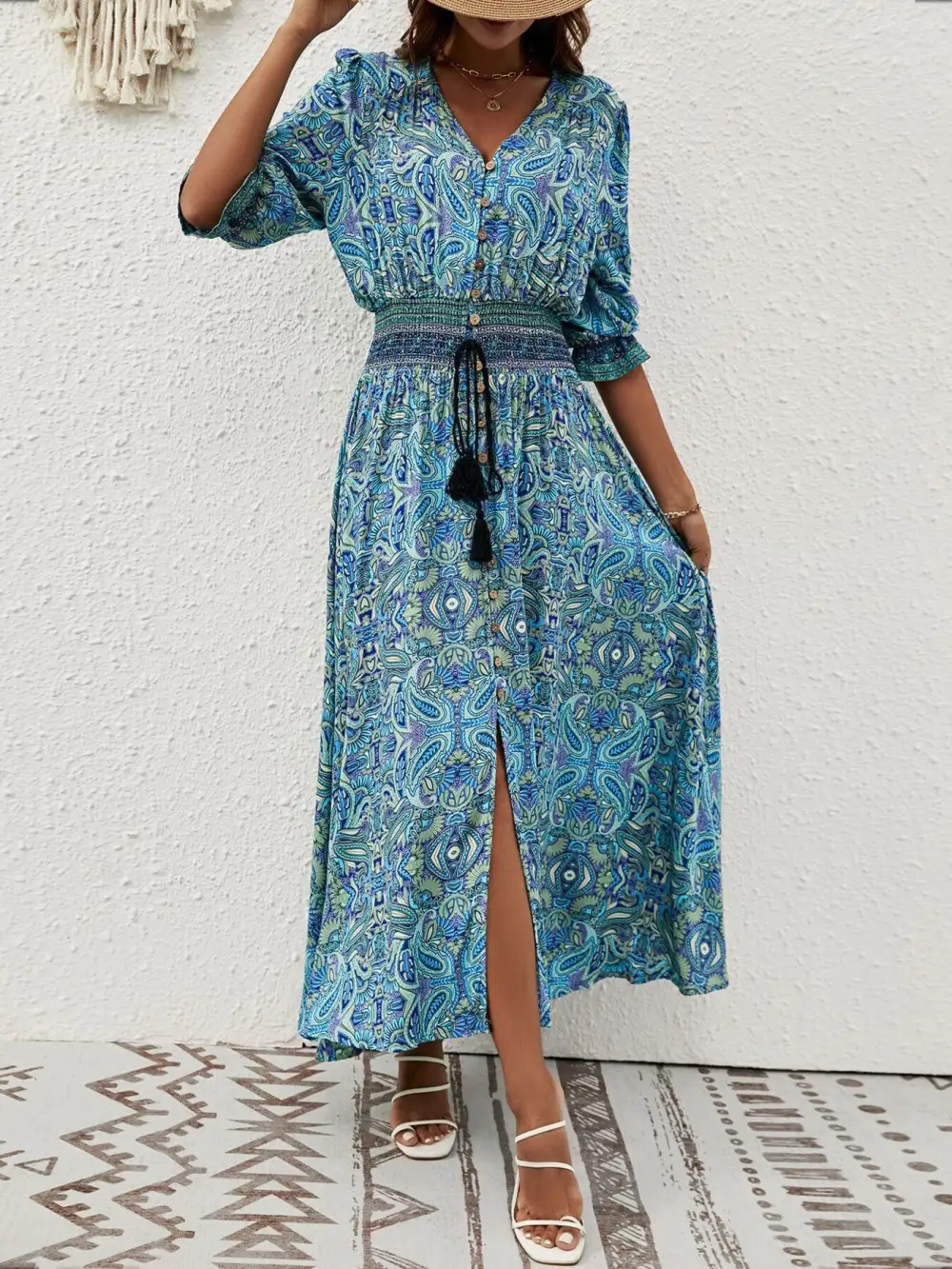 Paisley Half Sleeve Slit Midi Dress