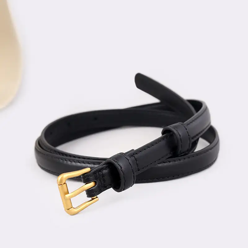 Soft Skinny Leather Belt with Golden Buckle