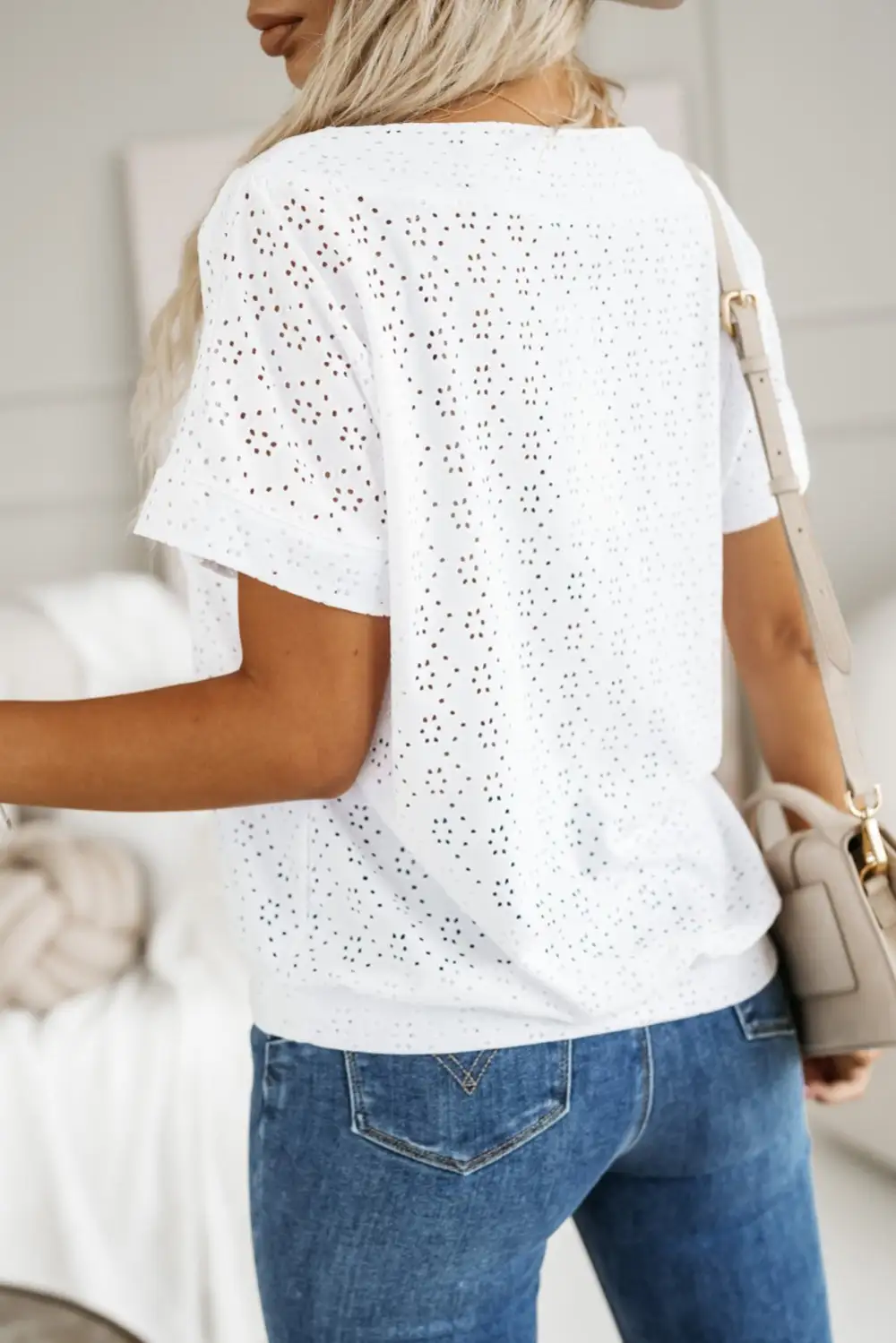 White Eyelet Pattern Boat Neck