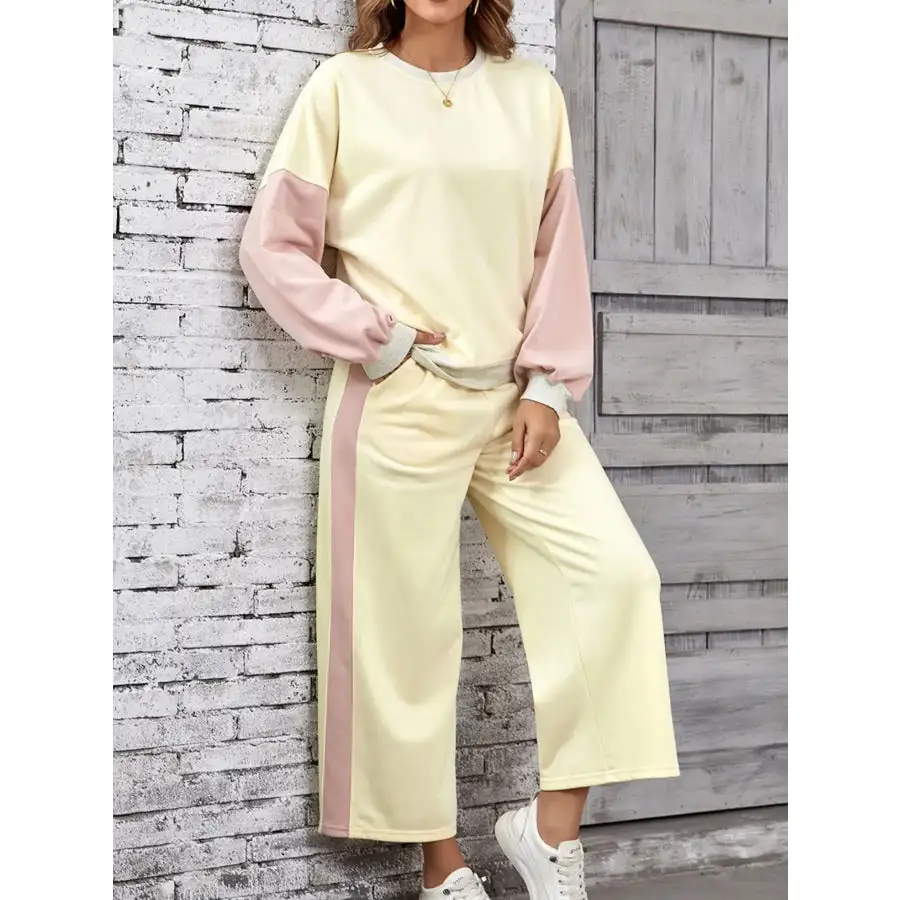 Block Round Neck Top and Pants Set