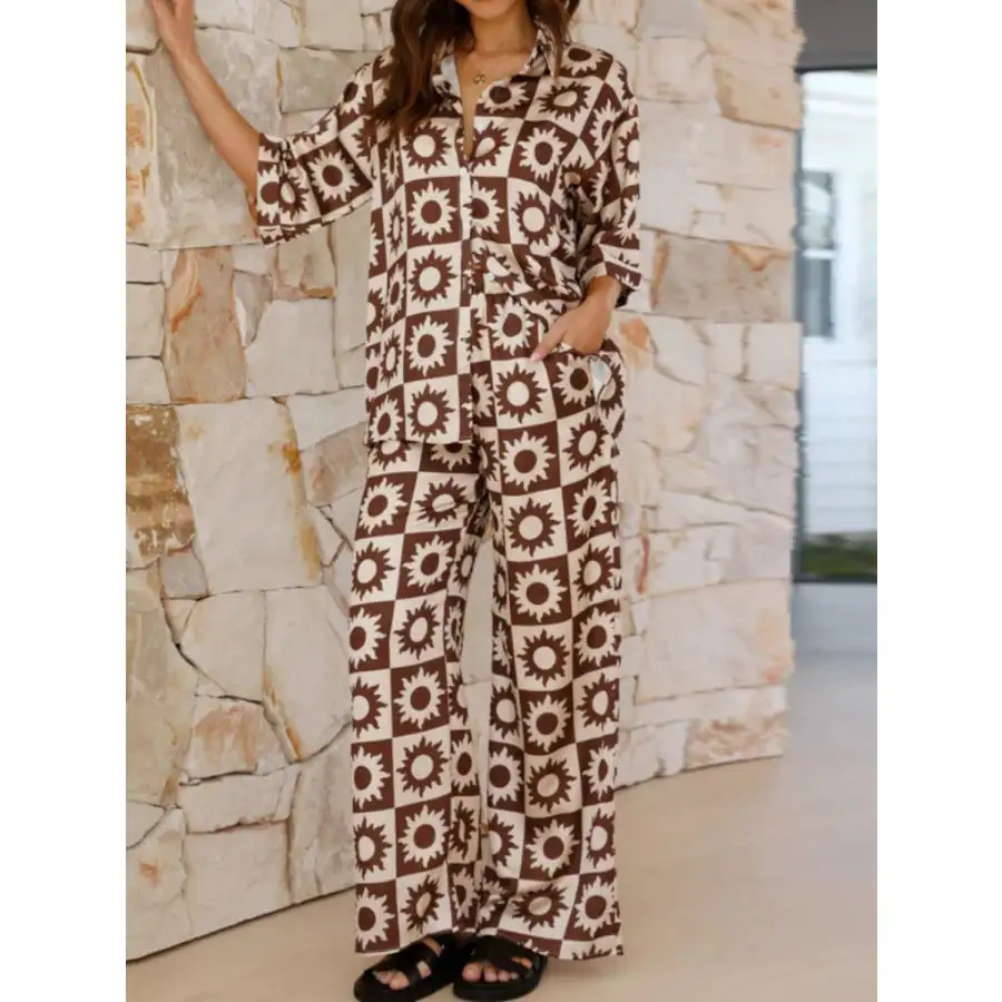Printed Collared Neck Top and Pants Set