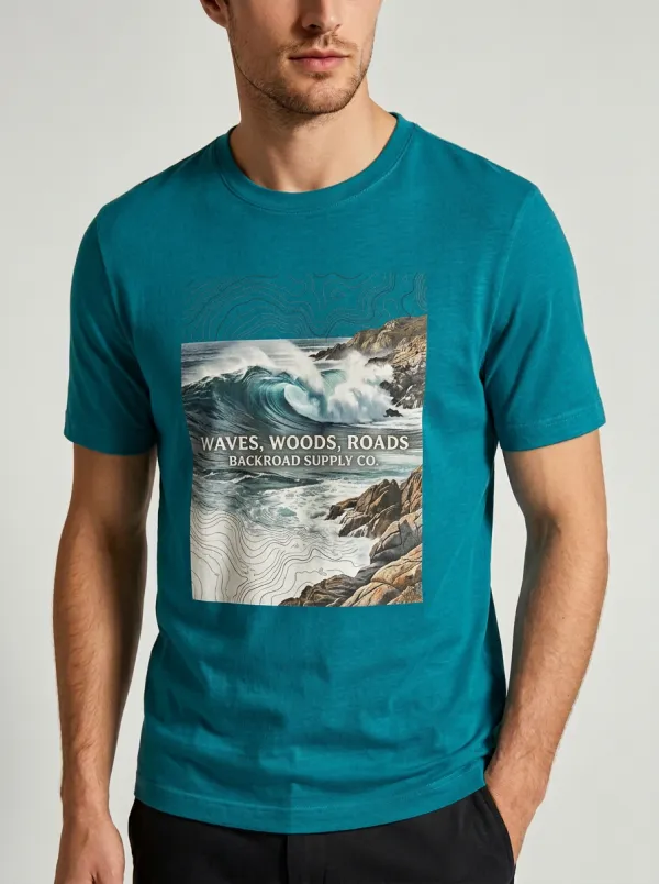 Men's Ocean Wave Topographic Map Printed T-shirt