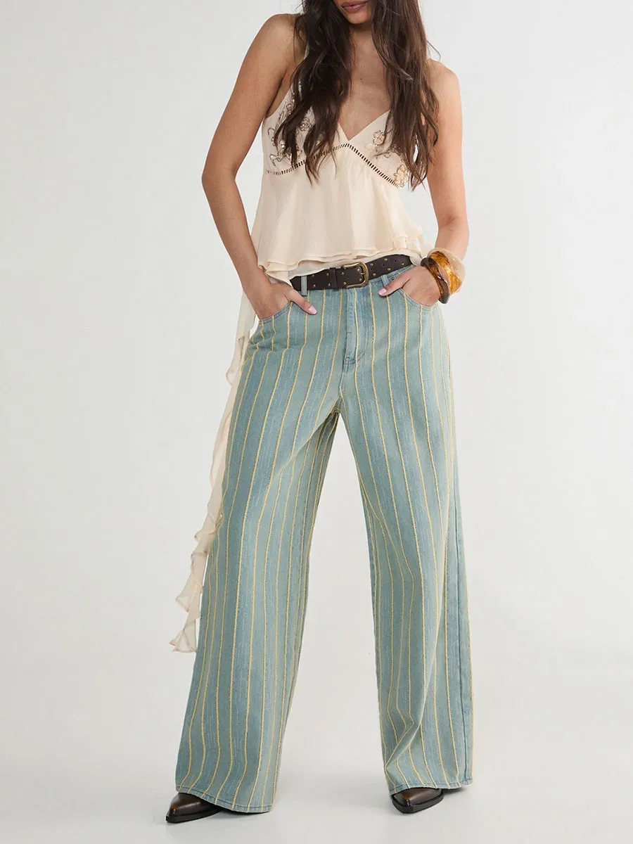 Women's Vintage-Style Stripe Wide-Leg Denim Pants