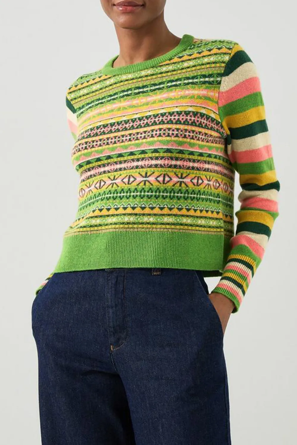 Color Blocked Striped Cropped Knit Sweater