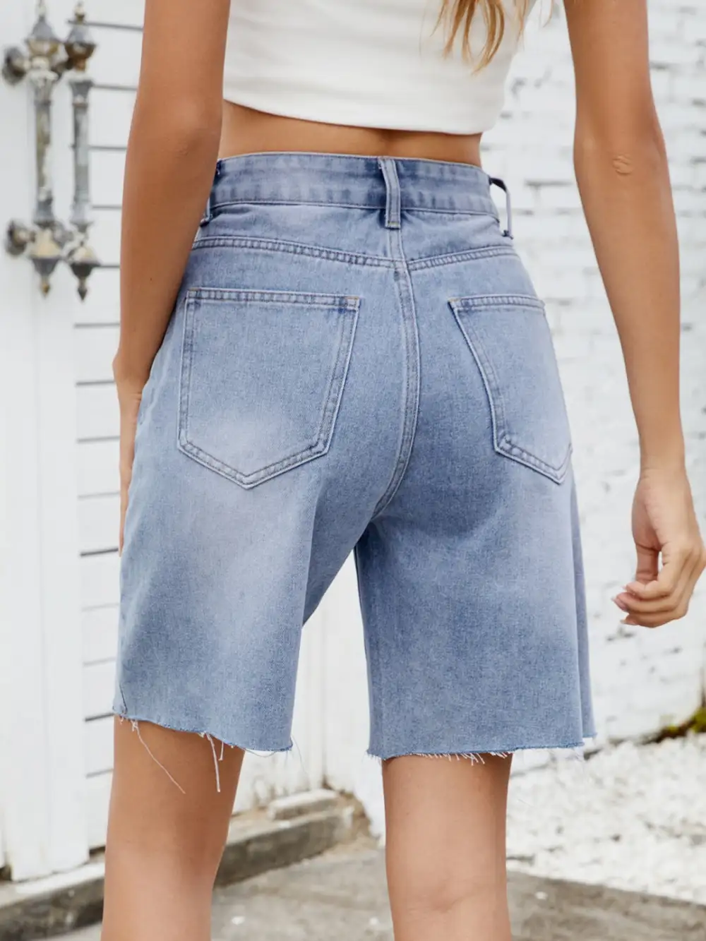 Textured Washed Raw Hem Denim Shorts