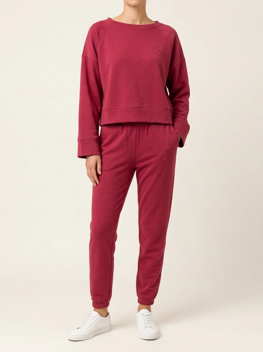 Comfortable Red Sweatshirt Pairing with Star Motif Embroidery Print