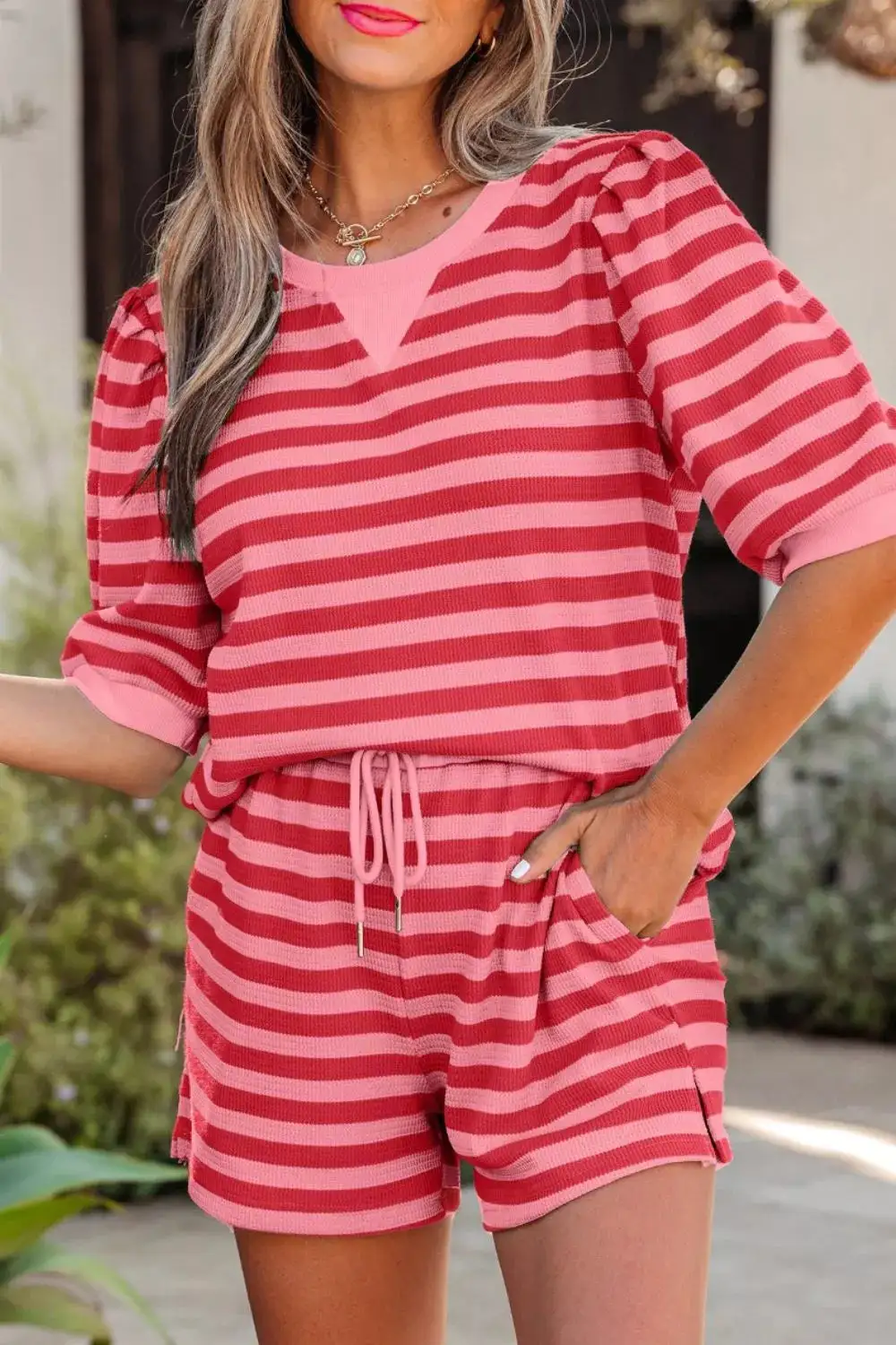 Textured Striped Round Neck Top Shorts Set