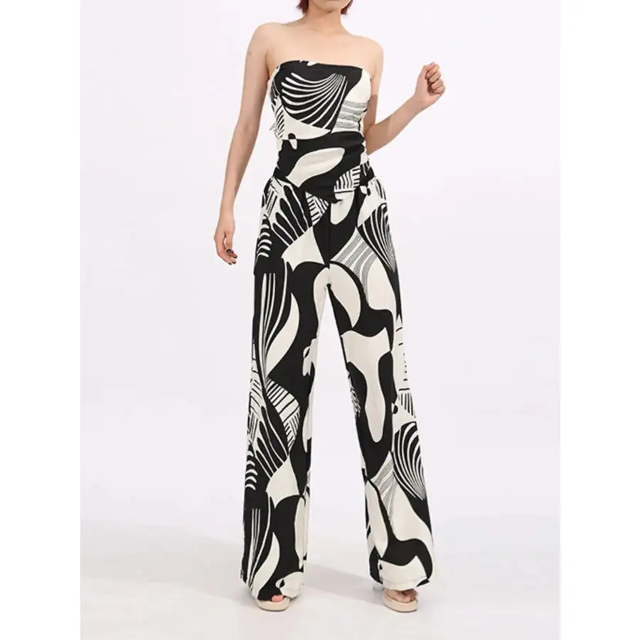 Abstract Print Tube Top and Wide Leg Pants Two Piece Set