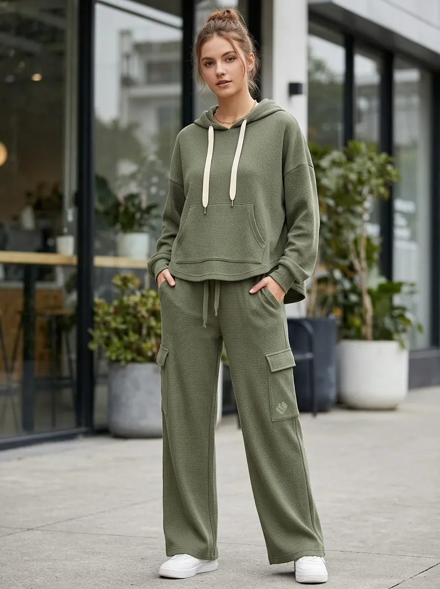 Women's Casual Olive Waffle Knit Cargo Pocket Hoodie Jogger Set