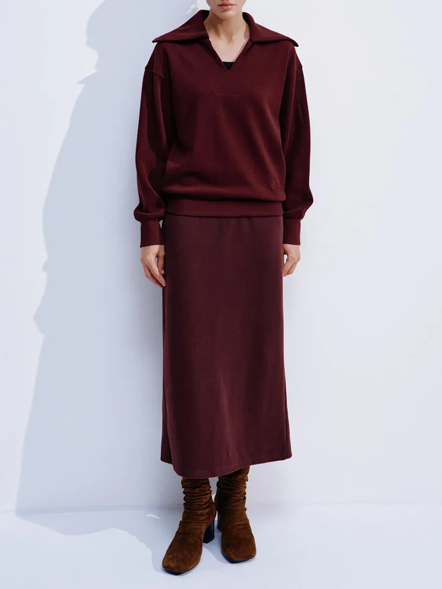 A Light Drak Red V-Neck Casual Sweatshirt For Ladies