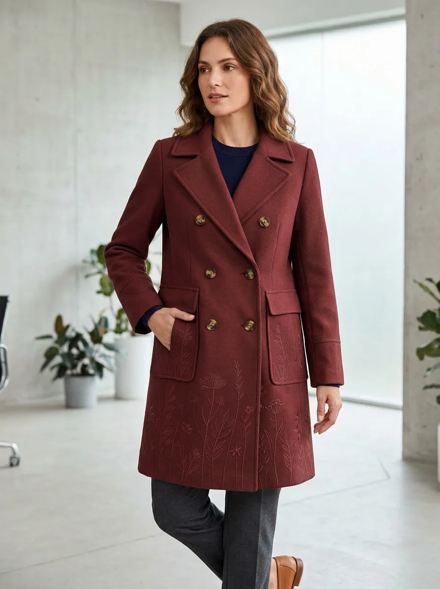Women's Floral Camel Double-Breasted Printed Coat