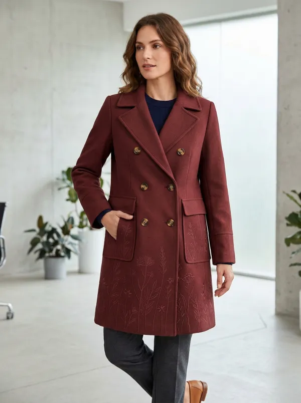 Women's Floral Camel Double-Breasted Printed Coat