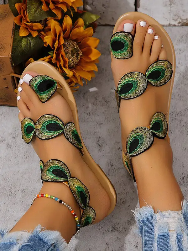Embroidered Open-Toe Panel Detail Flat Sandals