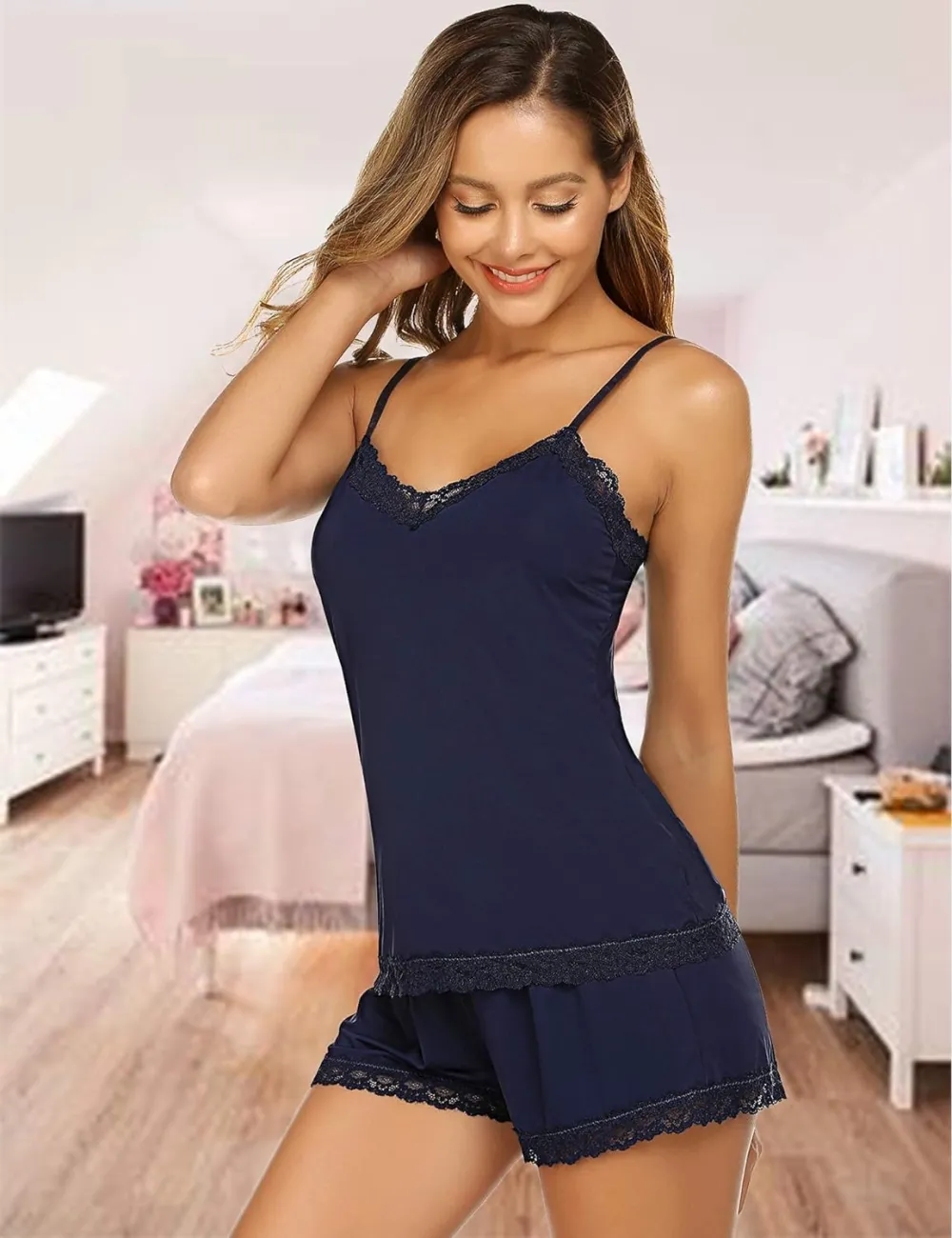 Women Cami Pajama Set Modal Sleepwear Lace Trim Short PJ Set with Shorts