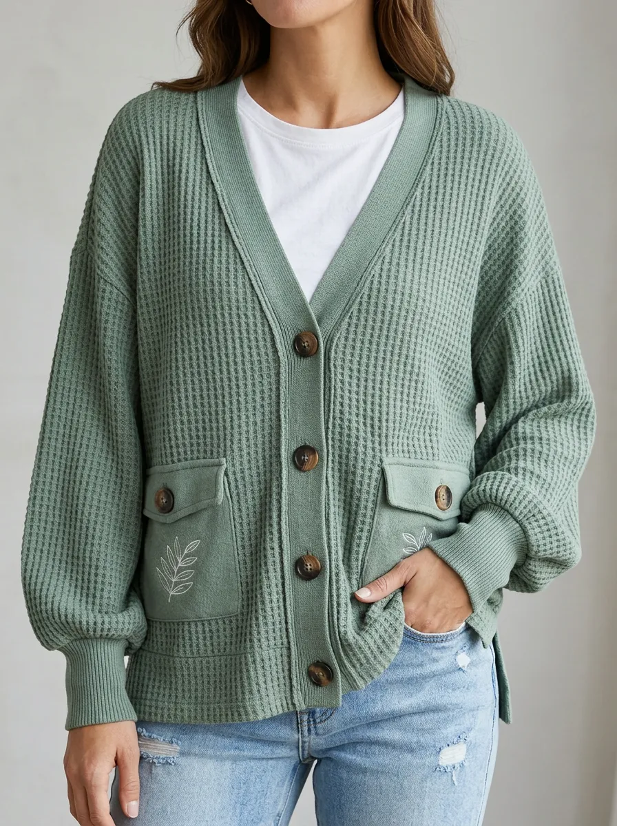 Relaxed Everyday Botanical Leaf Embroidered Waffle Knit Cardigan