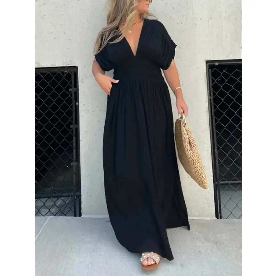 Full Size Deep V Neck Maxi Dress with Side Slit Plus Size
