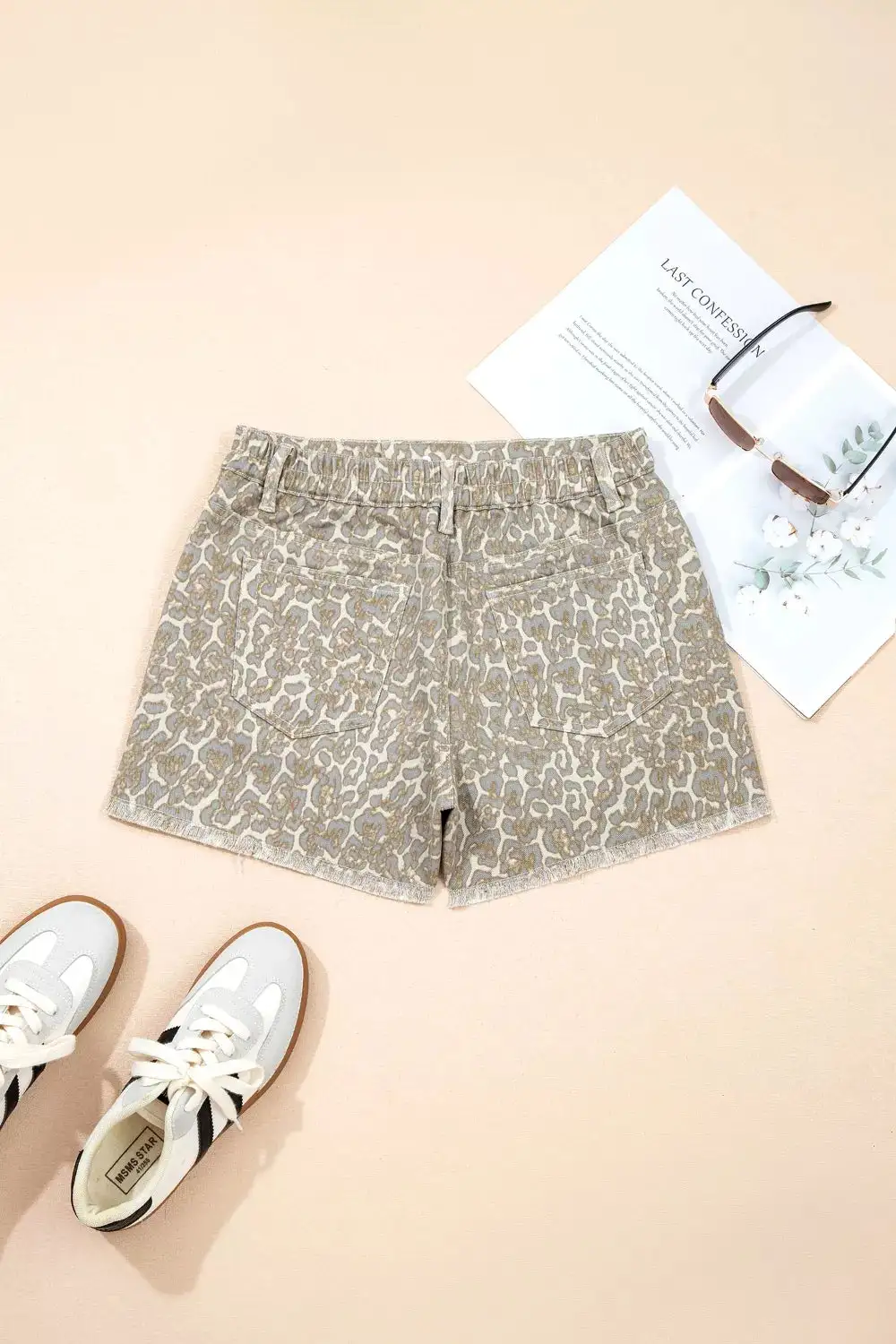Classic Raw Edge Leopard Print Denim Shorts