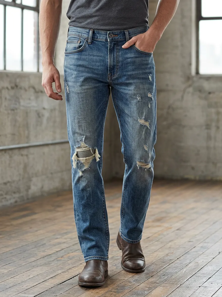 Men's Denim Frayed Ripped Jeans