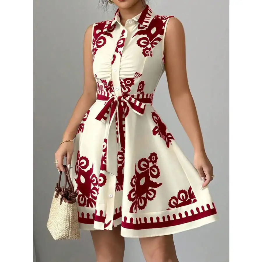 Printed Sleeveless Tie Waist Mini Dress
