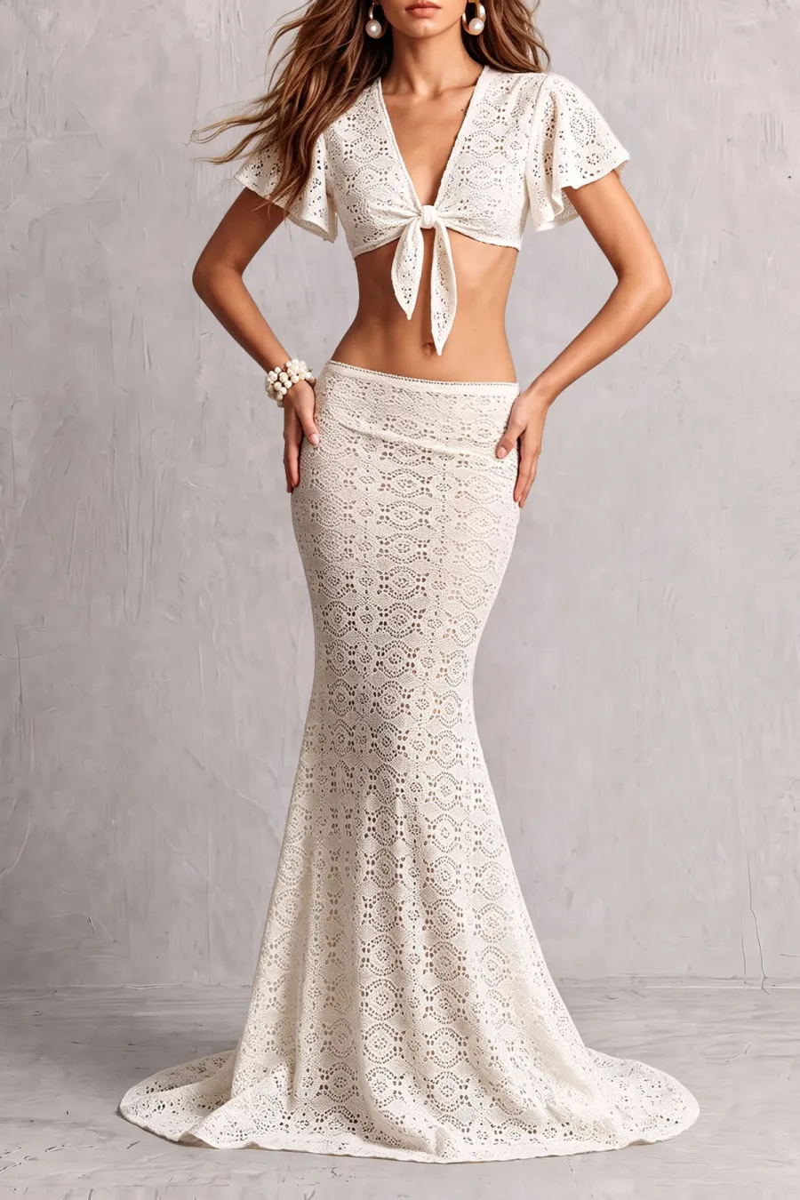 Tie Detail Lace Matching Skirt Set
