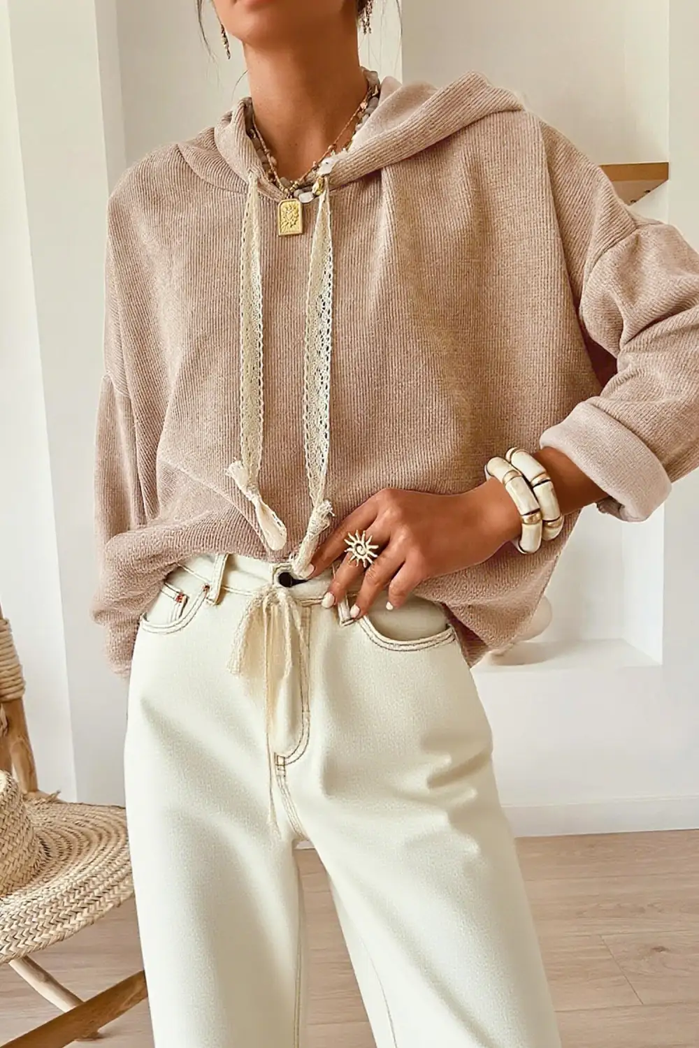 Relaxed Textured Lace Detail Hoodie