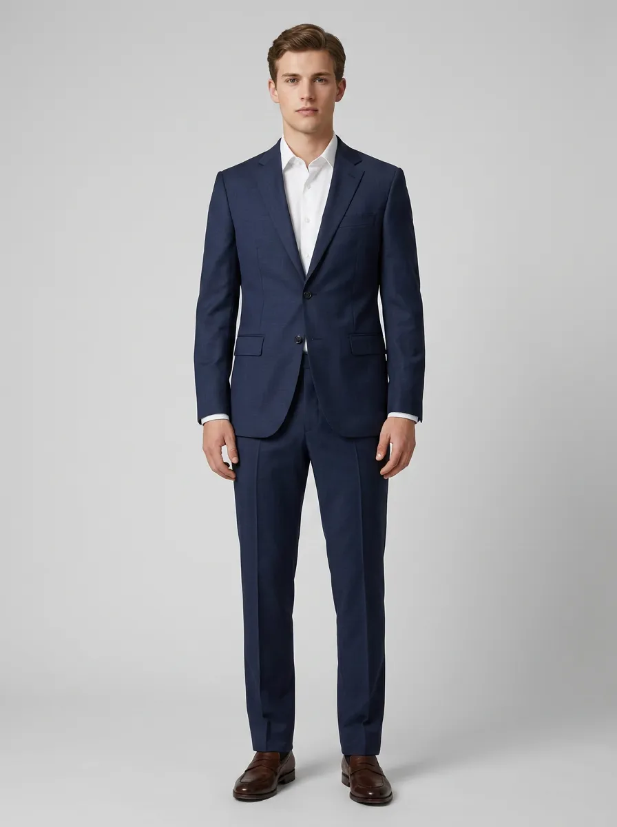 Men's Business Formal Navy Blue Solid Printed Suit Set