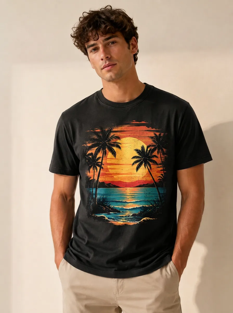 Men's Sunset Graphic Crewneck T-Shirt with Vibrant sunset and palm tree graphic print centered on the chest