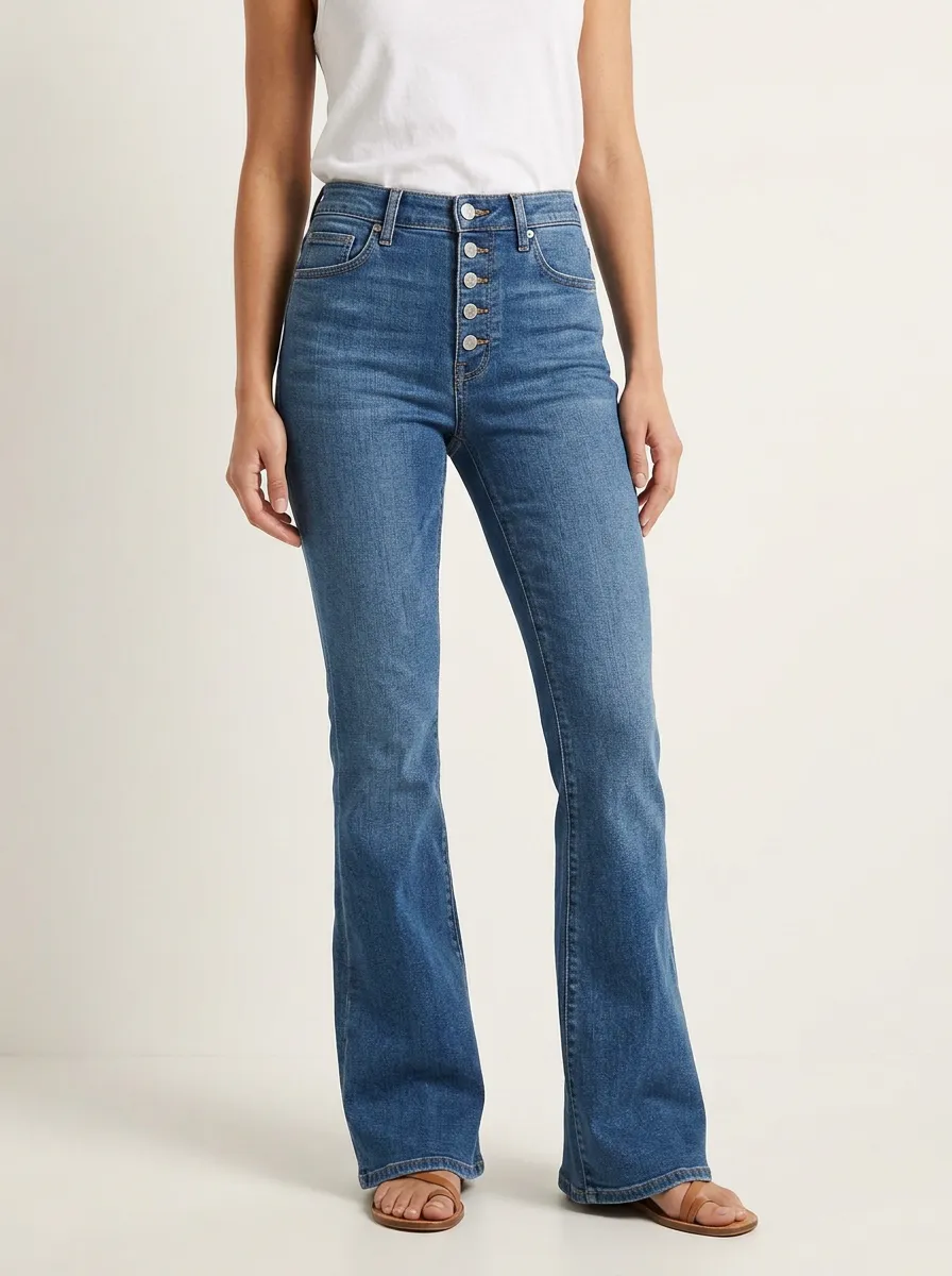 Women's High-Waisted Button Fly Flare Denim Jeans