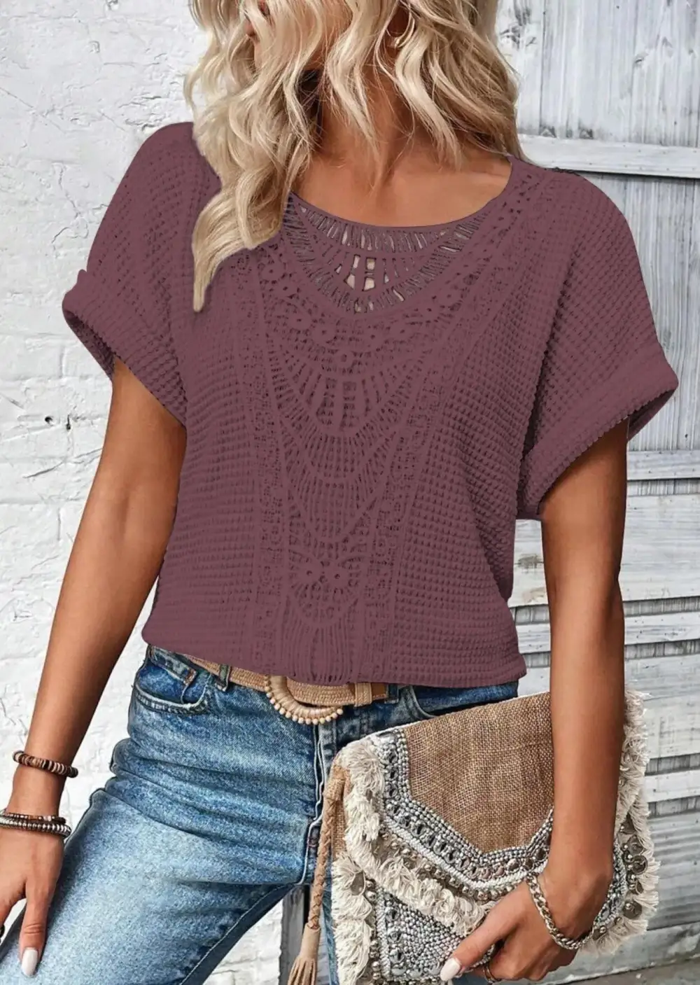 Refined Short-Sleeve Lace-Detail Knit T-Shirt