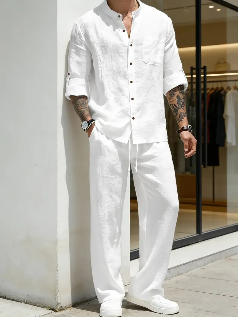 Men's Linen Stand Collar Long Sleeve Casual Suit