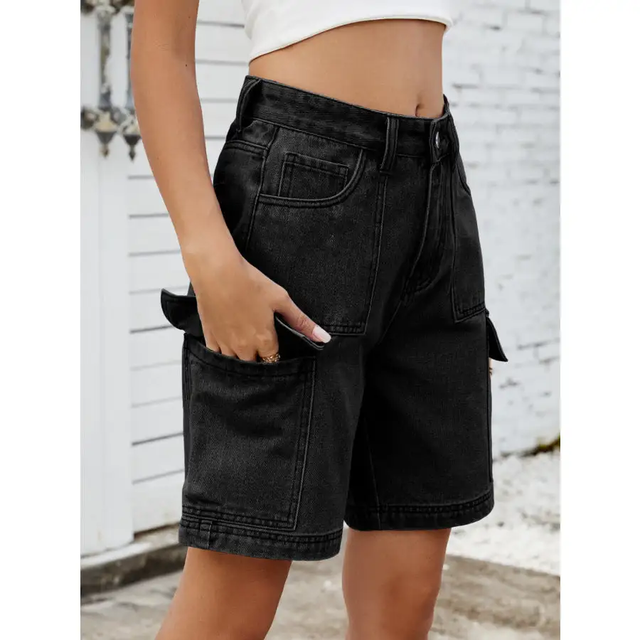 High Waist Denim Shorts with Cargo Pockets